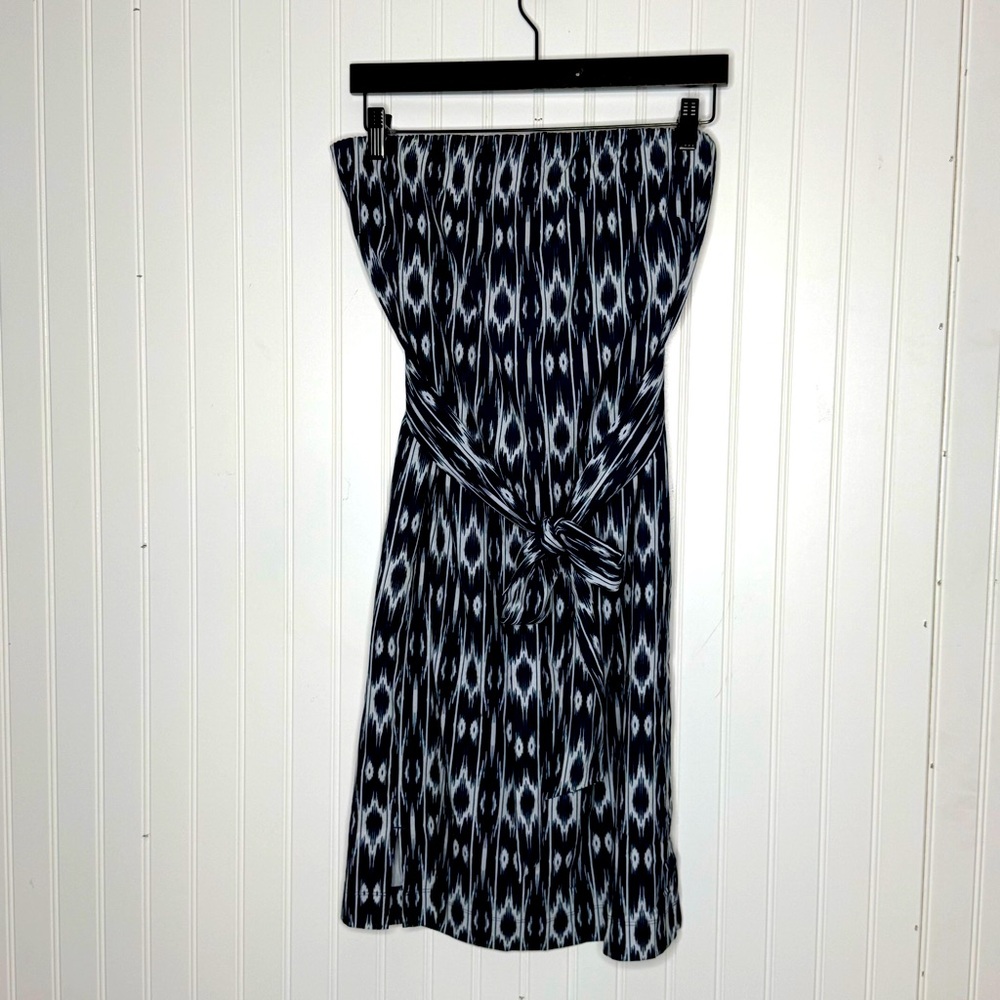 Athleta Dress Ikat Blue & White Pattern Wear Anywhere Strapless Tie Sash Size 12